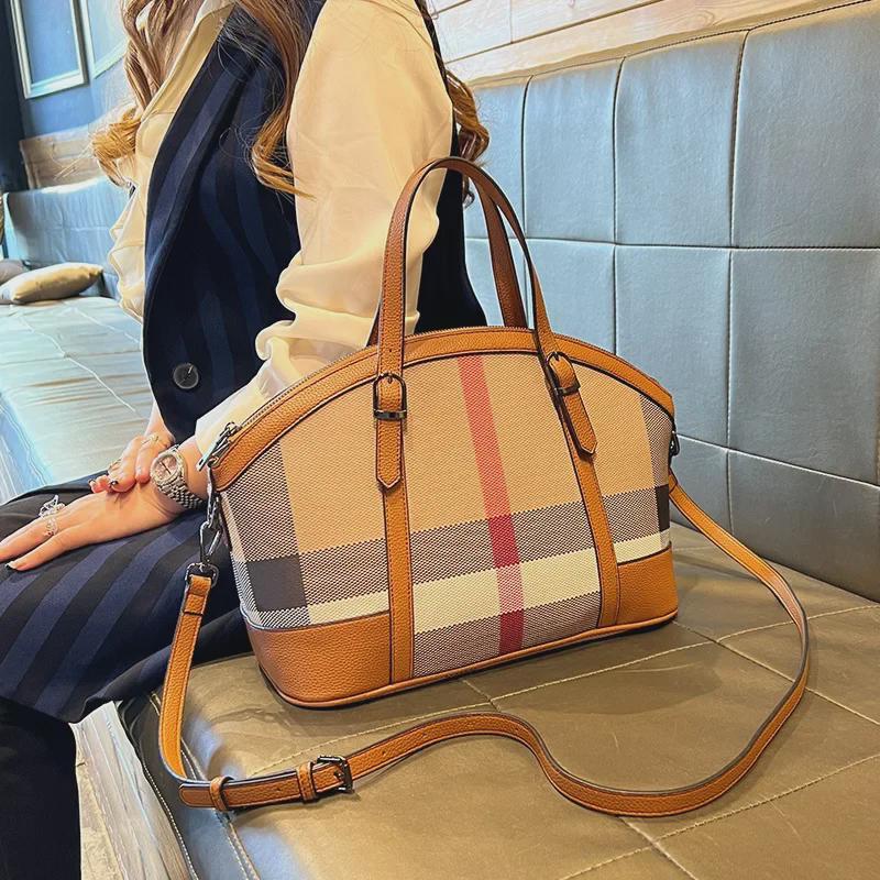 "2023 Women's Genuine Leather Plaid Shell Handbag - Versatile, Large Capacity, Shoulder & Messenger Bag"