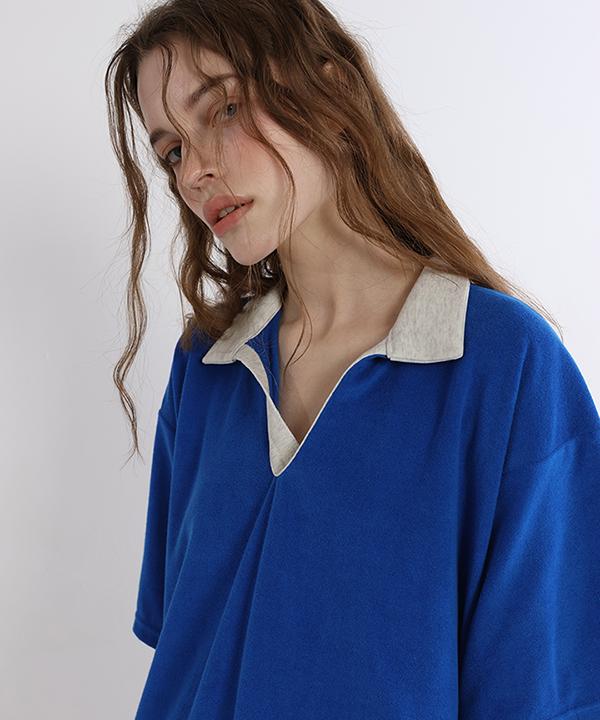 GREENBUTTER Terry Open-Collar Dress (Cobalt)