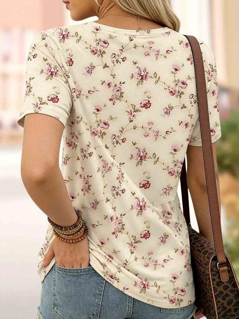 Women's Comfortable Floral Print Casual Round Neck Top, Suitable For Daily Wear