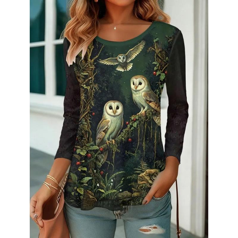 Women's Autumn and Winter 3D Printed Crew Neck Long Sleeve T-Shirt Fashion Versatile Trend Breathable Casual