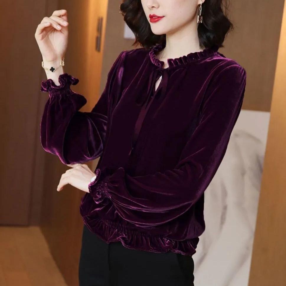 Blusa de terciopelo dorado para mujer primavera otoño Retro suelta de manga larga camisa pulóver Tops