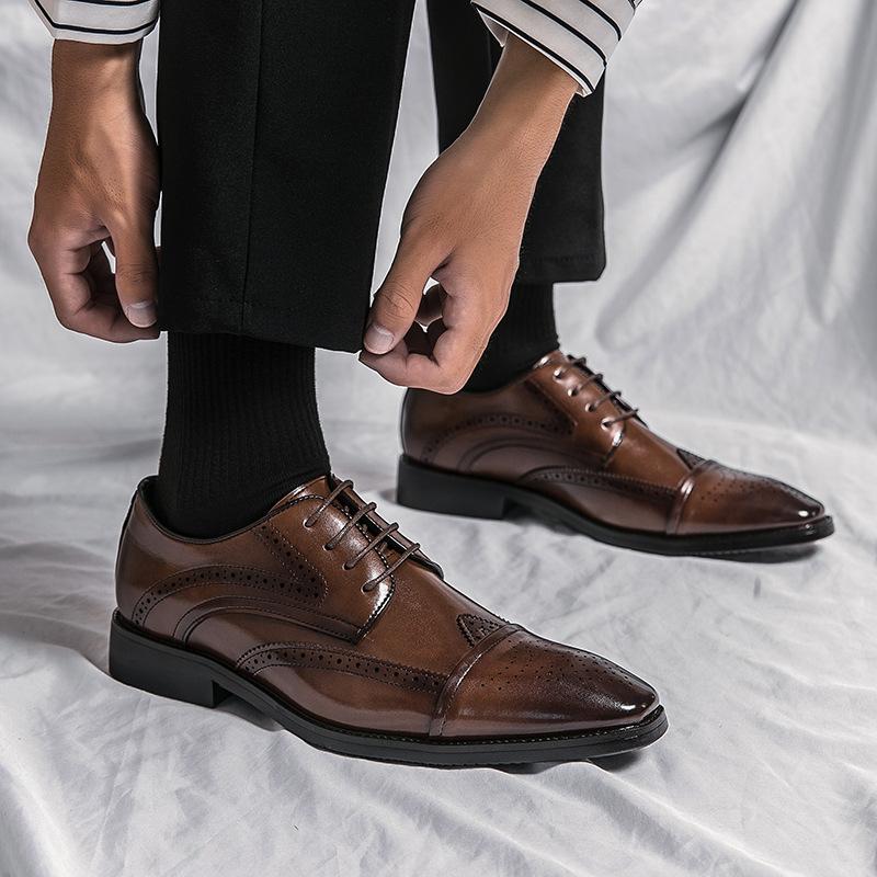 Fashion British style low-top leather shoes large size lace-up business dress shoes Brock pointed men's shoes