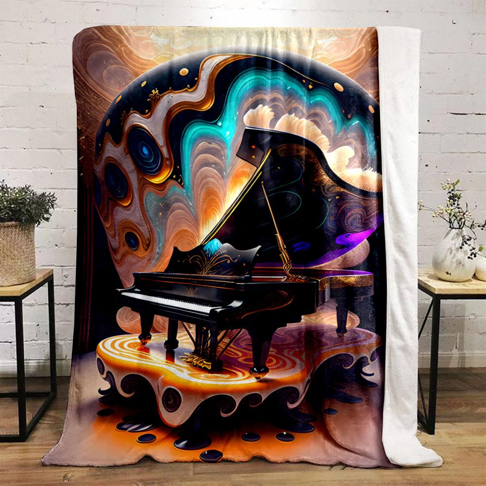 Surreal Glowing Grand Piano with Swirling, Fluid, and Vibrant Patterns. for All Seasons Blanket Lunch Break Throw Gift