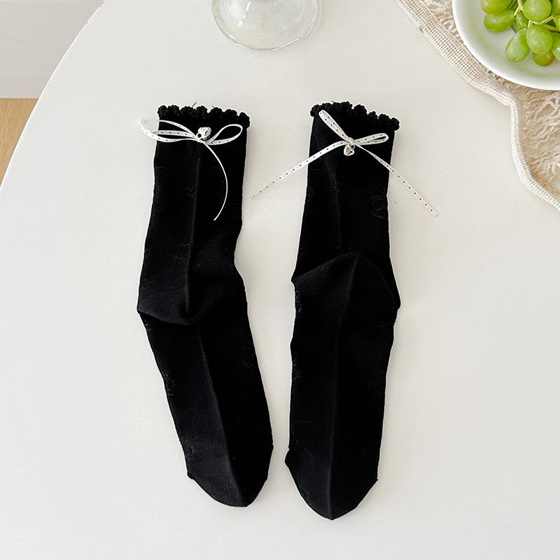 

Женские весенне-летние тонкие стерео носки с бантом и лентой, сетчатые, дышащие, цилиндрические, махровые, хлопковые 1 pair чёрный