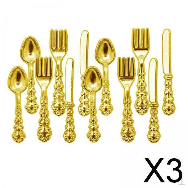 

3x1:12 Dollhouse Miniature Tableware Toys 1/12 Knife Fork Spoon Set Golden