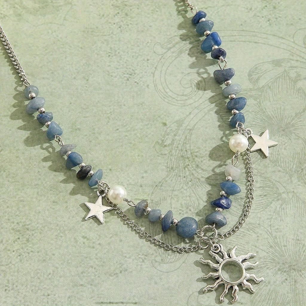 Fashionable Sun And Star Pendant Necklace With Artificial Zircon And Pearl Exquisitely Crafted Jewelry Accessory For Women Daily Wear And Gift-giving