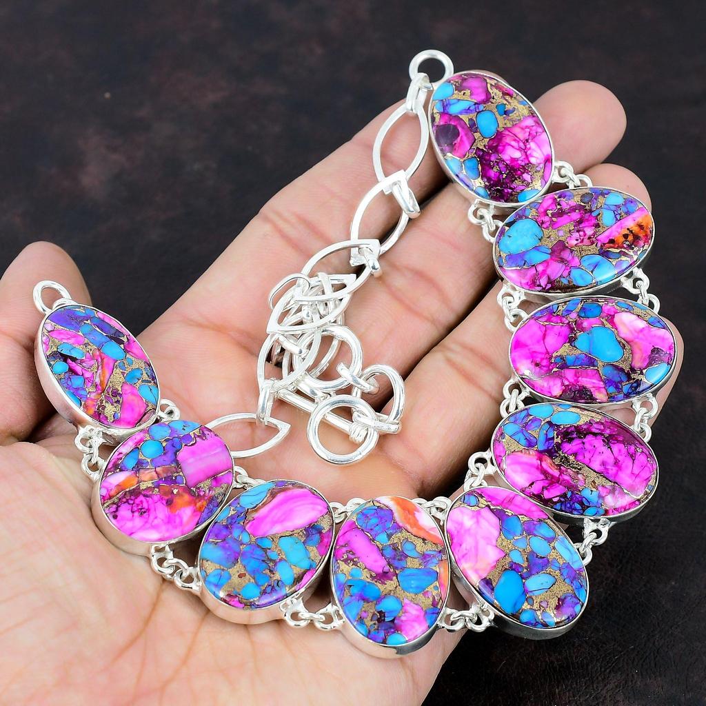Natural Kingman Pink Dahlia Turquoise Necklace 925 Sterling Silver Necklace Adjustable Chain Necklace Gemstone Handmade Jewelry Gift For Mom