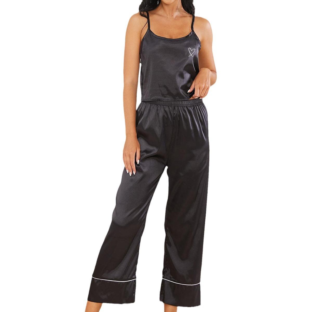 Пижама женская летняя бретелька через шею топы длинные брюки костюм дышащая простая — фото 5