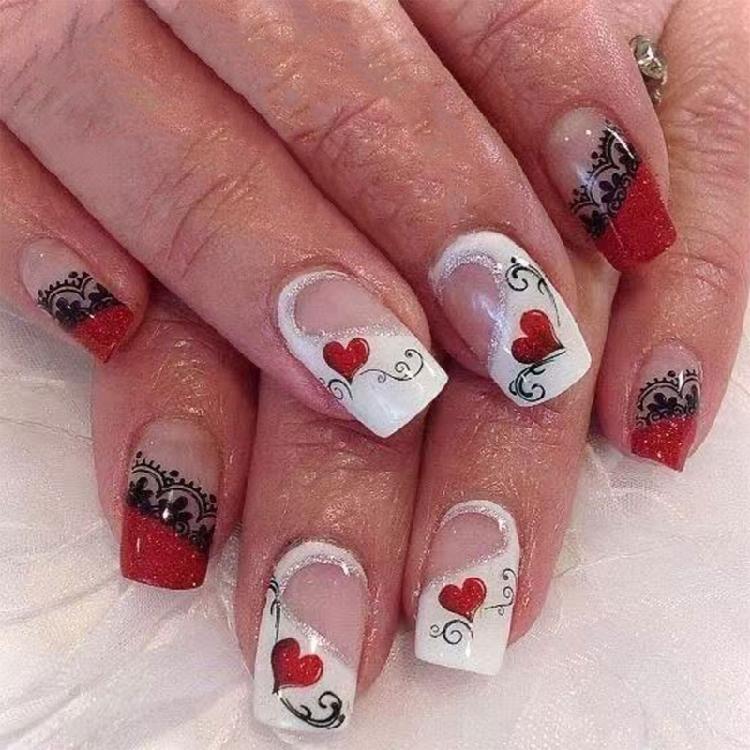 

24 Pcs French Tip False Nail Valentines Day Press On Nail Glittering Acrylic Nail Heart Full Cover Stick on Nail 1