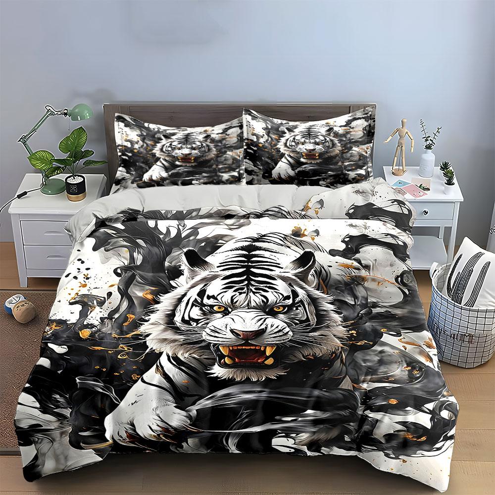 White Tiger with Black Smoke Bedding Duvet Cover Set (1*Duvet Cover 2*Pillowcases, Without Duvet Insert)
