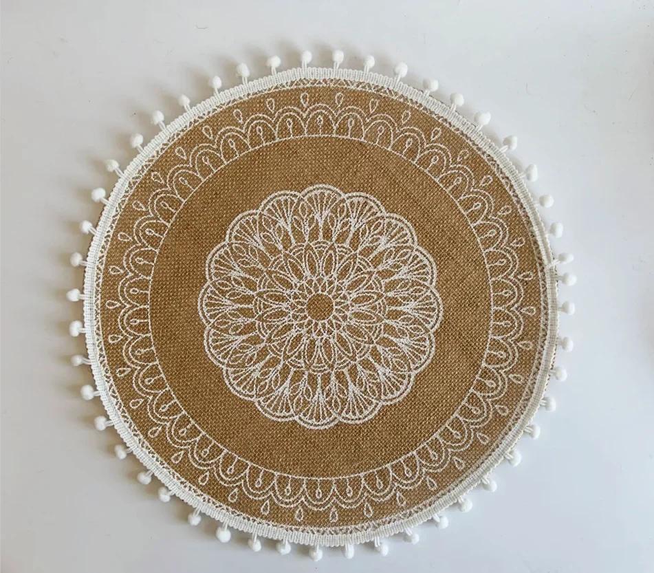 Vintage Pastierske Okrúhle Bavlnené Ľanové Podložky pod Tanier Ručne Tkané Jutové Strapaté Podložky Mäkké Protišmykové Podložky na Stôl Podložky pod Vázy Doplnky
