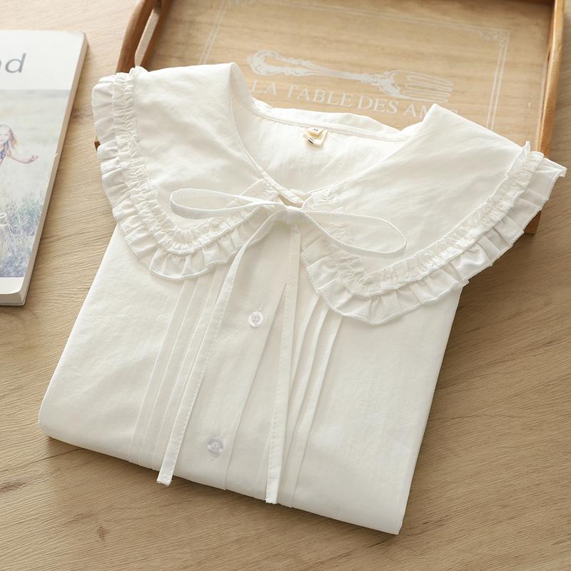 2024 Fall Collection: Women's Versatile Artistic Pure Cotton White Shirt with Big Collar, Long Sleeves, Accordion Pleats, and Tie-up Design