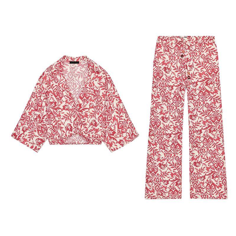 Print Vacation Style Lapel Casual Short Top 3408587 Vacation Style Print Wide Leg Pants 3401587