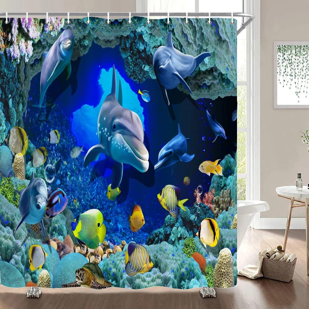 Podwodny Świat Ryba Żółw 3d Zasłony Prysznicowe Ocean Delfin Sceneria Morska Tkanina Wodoodporna Zasłona Kąpielowa Dekoracja Łazienki Parawan