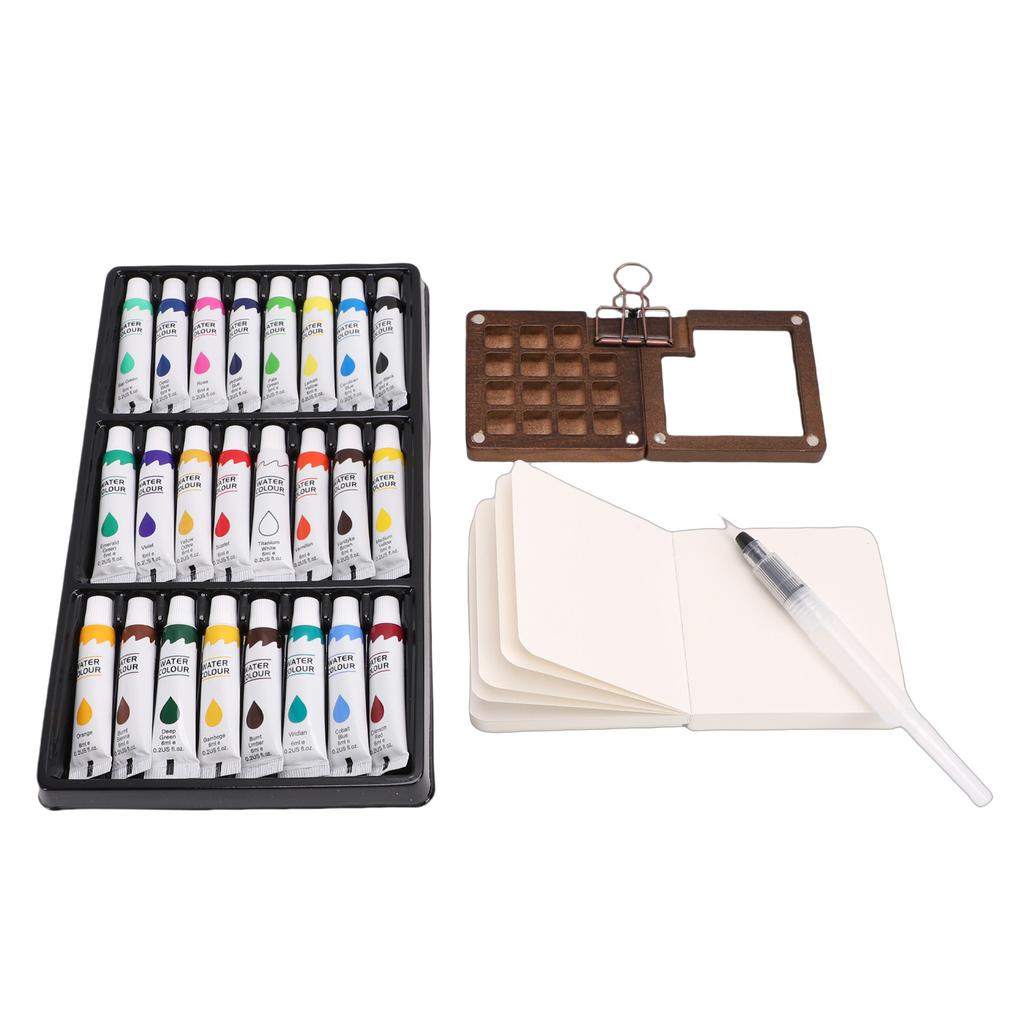 Mini Watercolor Paint Set 15 Grid Wood Palette 24 Colors Portable Sketchbook Painting Kit Watercolor Travel Set
