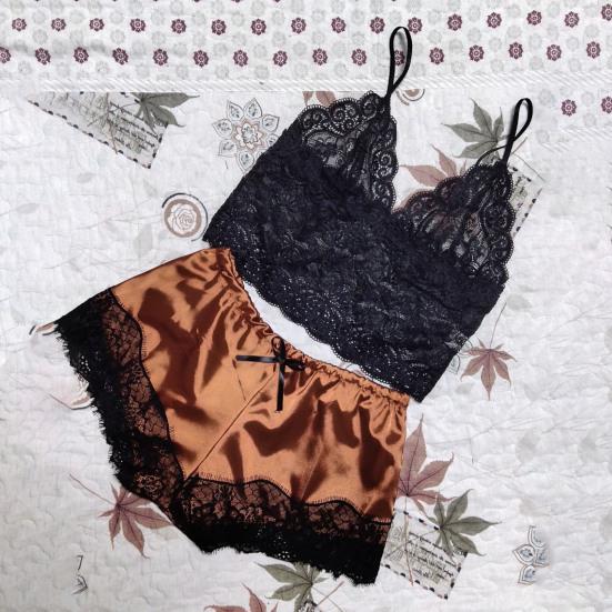 2 Pcs/Set Lady Pajamas Satin Bow Sleeveless Crop Top See-Through Lace Patchwork