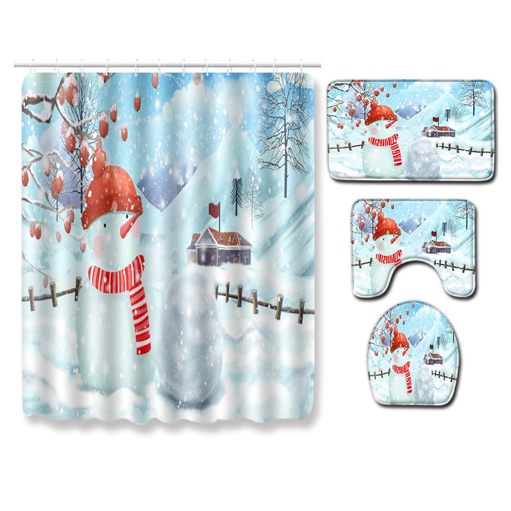 Christmas Toilet Seat Shower Curtain Four-Piece Printed Floor Mat Set Bathroom Floor Mat Bedroom Absorbent Door Mat Carpet