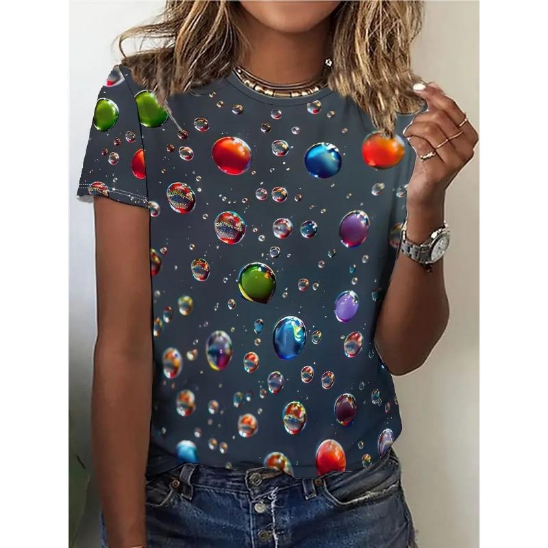 Summer Round Neck 3D Water Droplet Printed Top Fashionable Casual Short Sleeved Women's T-shirts
