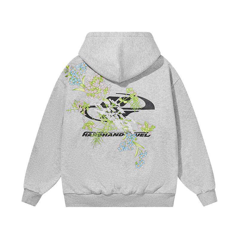 

HACR Hood Harshandcruel American Street Florals Embroider Cleanft Loose Casual Hooded Sweatshirt Flower Gray 2XL