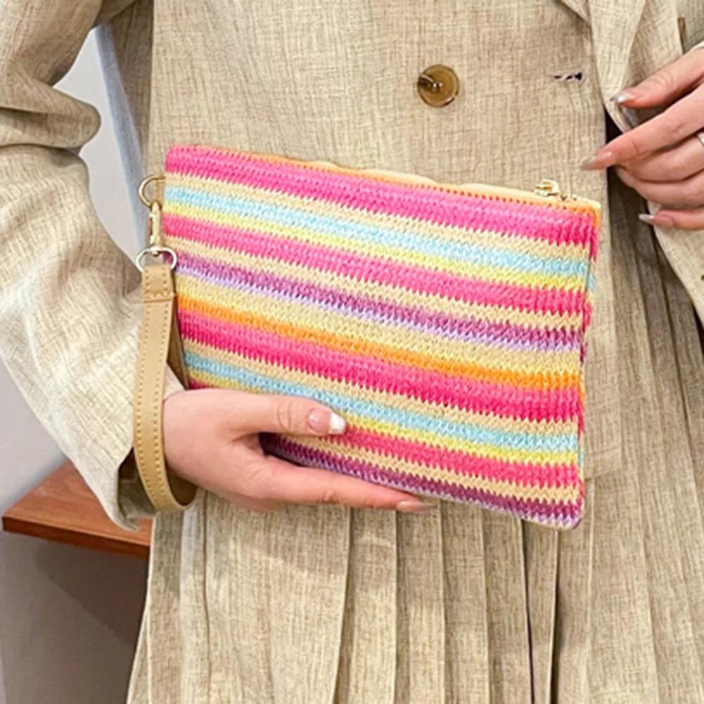 2025 Summer Straw Clutch Purse Bohemian Colorful Striped Wristlet Bag Hand-Woven Chic Hobo Bag Women's Retro Chain Crossbody Bag