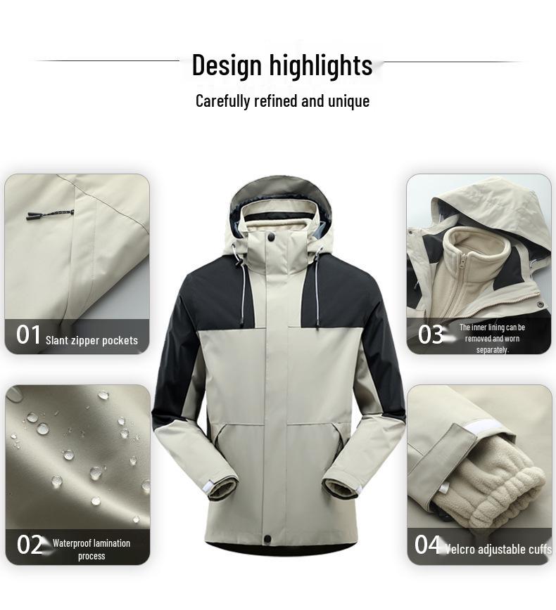 Men's and Women's Outdoor Windproof Waterproof Two-Piece Detachable Ski Suit, Three-in-One for Mountaineering
