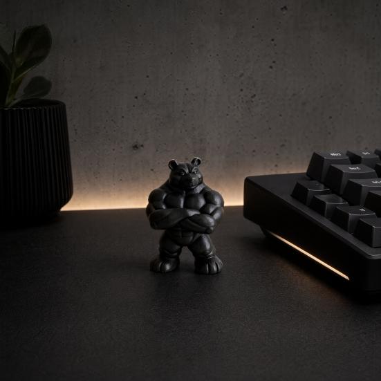 3D Printed Muscle Bear Statue Matte Black Fitness Ornament for Office Bookshelf Gym