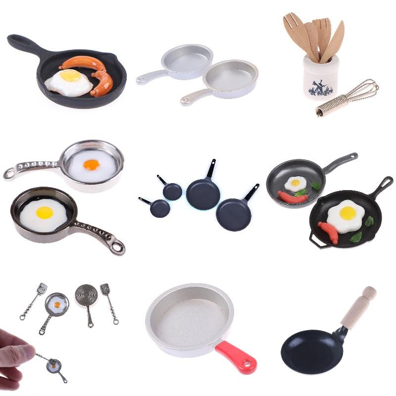 1:12 Dollhouse Miniature Egg Sausage Frying Pan Fryer Set Egg Beater Spatula Fork Whisk Jar Set Kitchen Accessories Toys Deco