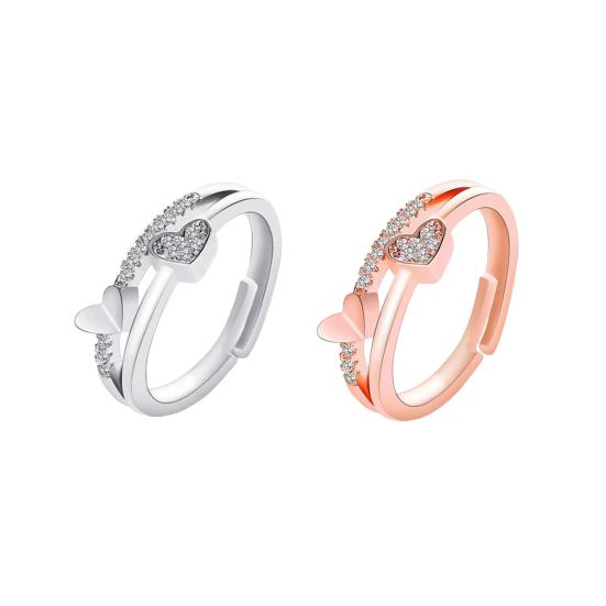 Women Open Ring Rhinestone Heart Adjustable Hollow Smooth Romantic Love Polished Anniversary Gift Wedding Ring Daily Prom Finger Ring Jewelry