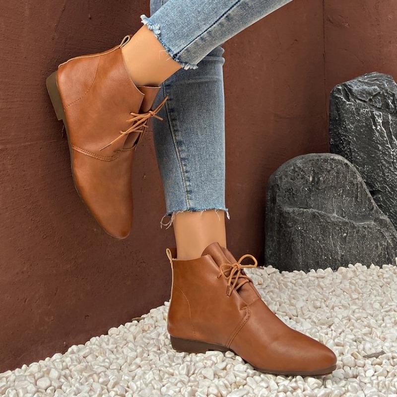 fashion Women's ankle boots solid color 2024 autumn fashion pointed tie flat bottomed boots women's casual retro sewing shoes