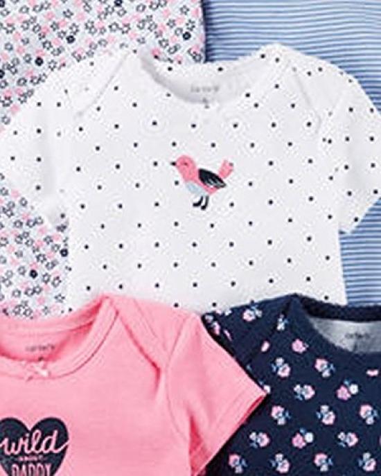 Set of Cute and Border Baby Bodysuits for Girls Months Carter's 5-piece Heart, Dot, Short-sleeve (12 (72-78cm)) [Used]