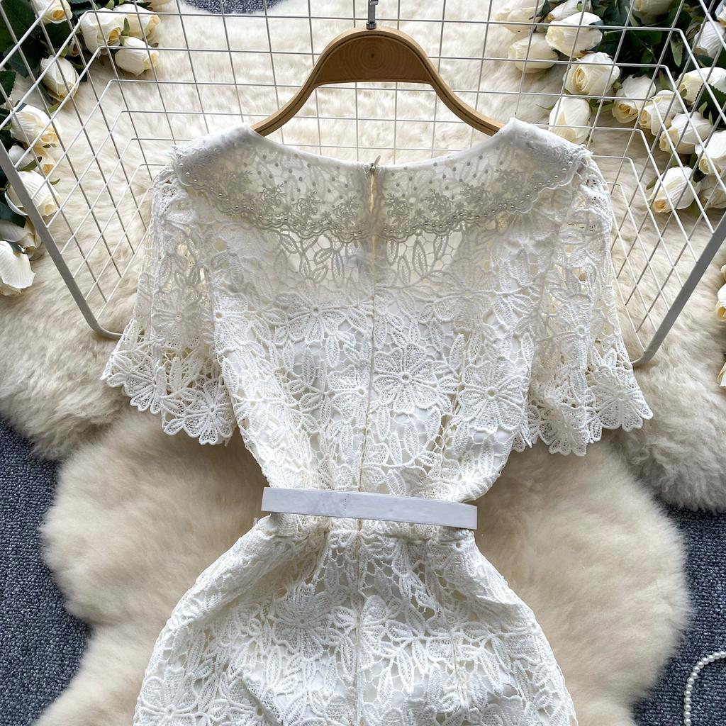 Sommer Frauen Elegante Spitze Häkeln Stickerei Blume Schlank Bodycon Mini Kurze Büro Arbeit Party Kleider