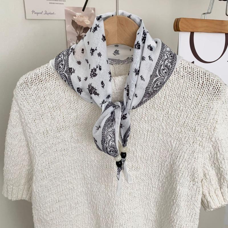 Silk Scarf New Literary Scarf Shawl Cashew Flower Headband Versatile Multi-purpose Pearl Triangle Scarf Waist Tie