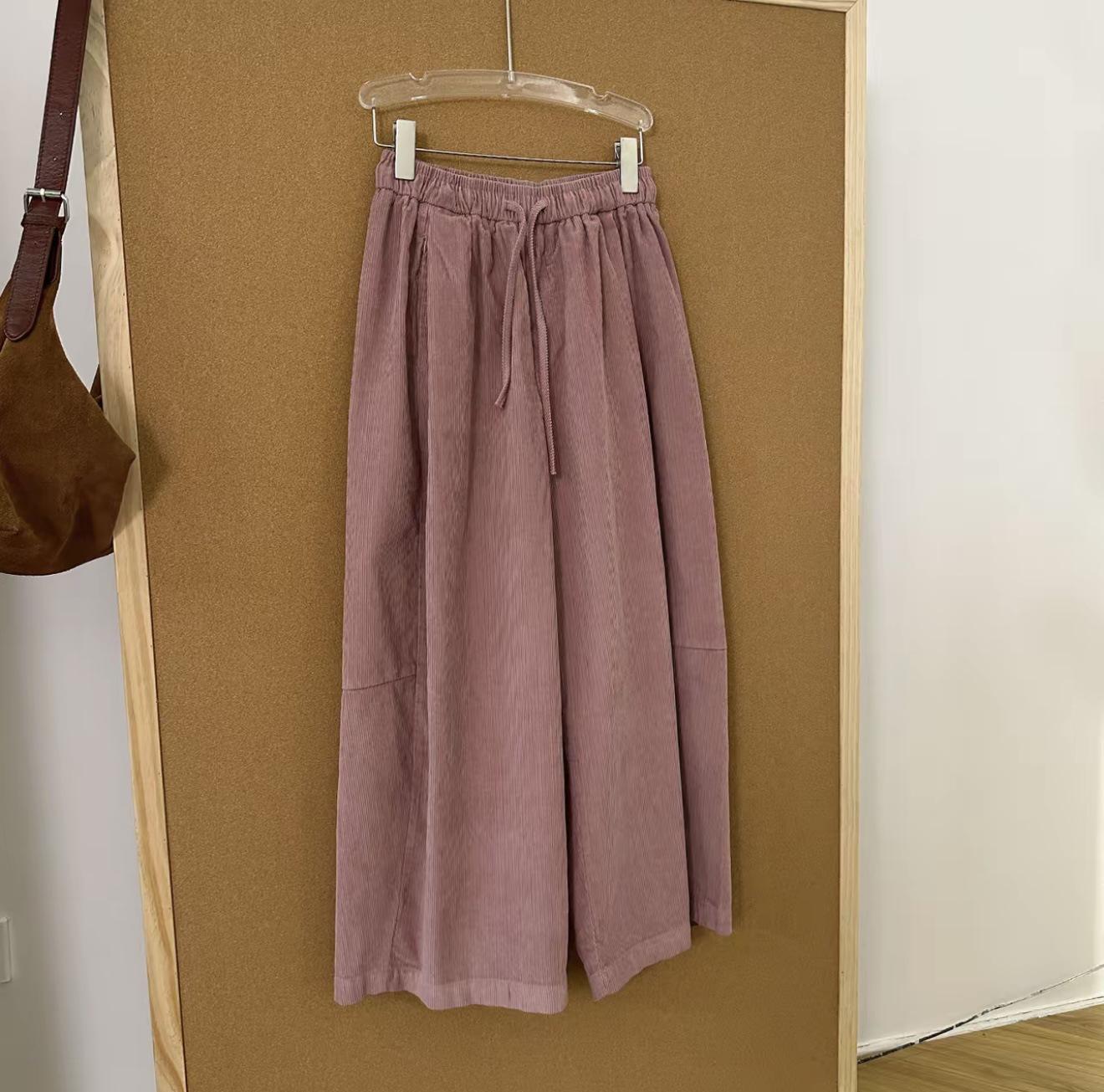 

[Parabola] Retro Patchwork Corduroy Wide-Leg Pants with Elastic Waist and Drawstring Large for 55-70kg персиковый