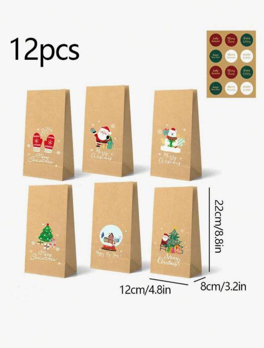 12 Pcs Christmas Gift Bags, Santa Design Kraft Paper Bags with Stickers, Flat Paper Bags for Holiday Gift Wrapping Party