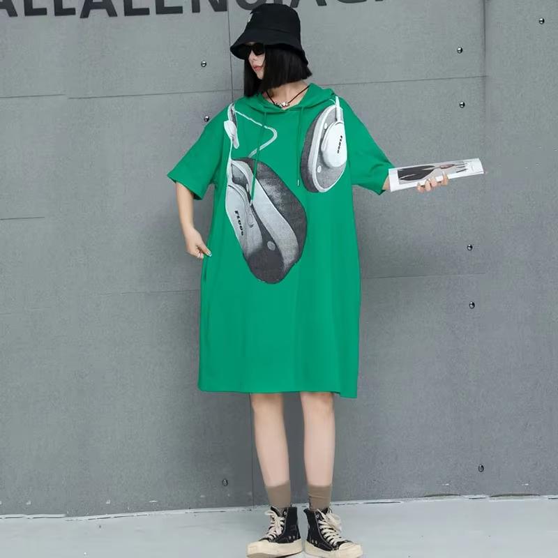 Xitao Print Hooded Pocket Contrast Color Dress GMM1191