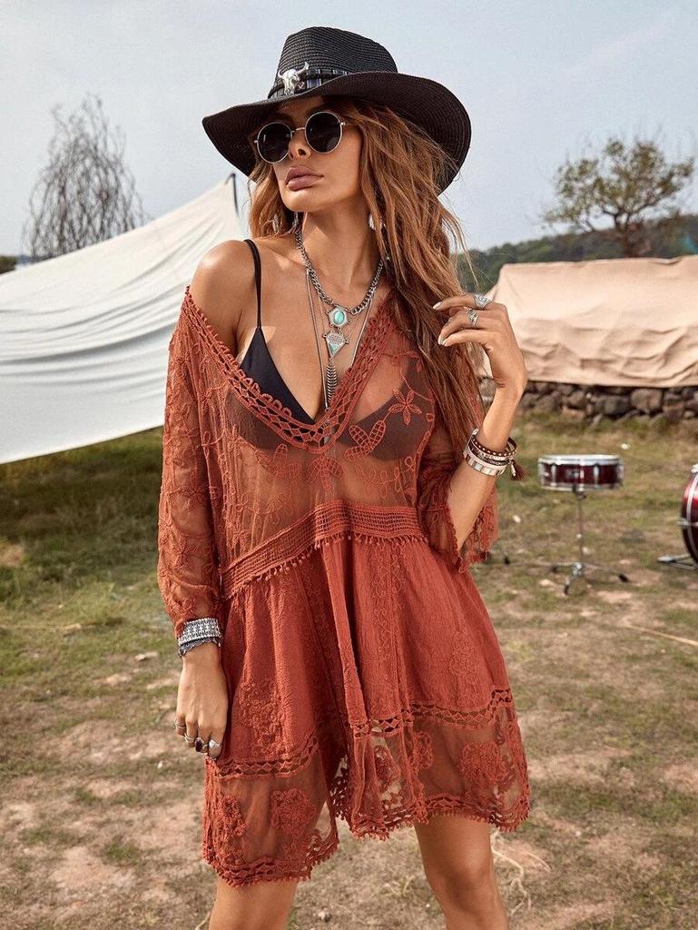 Stylish V-Neck Lace Embroidered Bikini Cover-up with Sun Protection