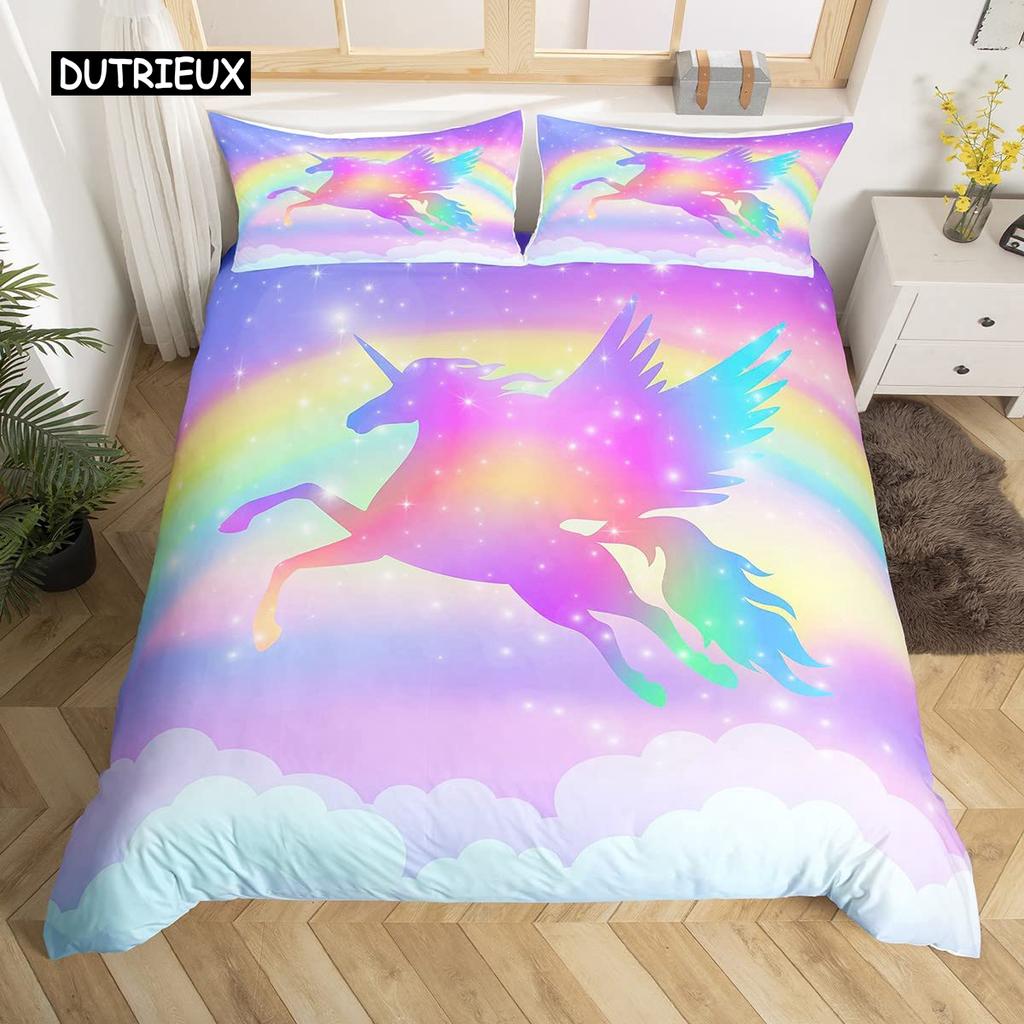 Unicorn Duvet Cover Set Cartoon Animal Galaxy Star Floral Bedding Set for Kids Girls Polyester Romantic Theme Comforter Cover