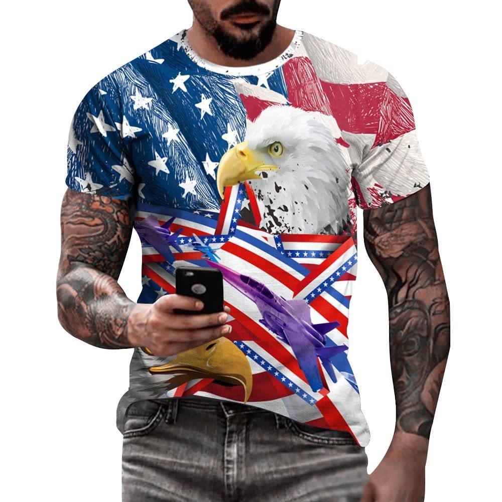 Flag and Eagle Pattern 3D Digital Printing Men's Fashionable Round Neck Short Sleeved T-shirt