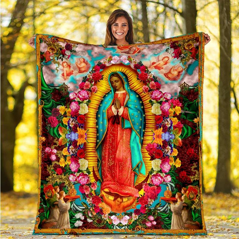 Our Lady of Guadalupe Pattern Flannel Throw Blanket Religion Mary Soft Cover Lightweight Warm for Bedroom Sofa Decor Kids Adults