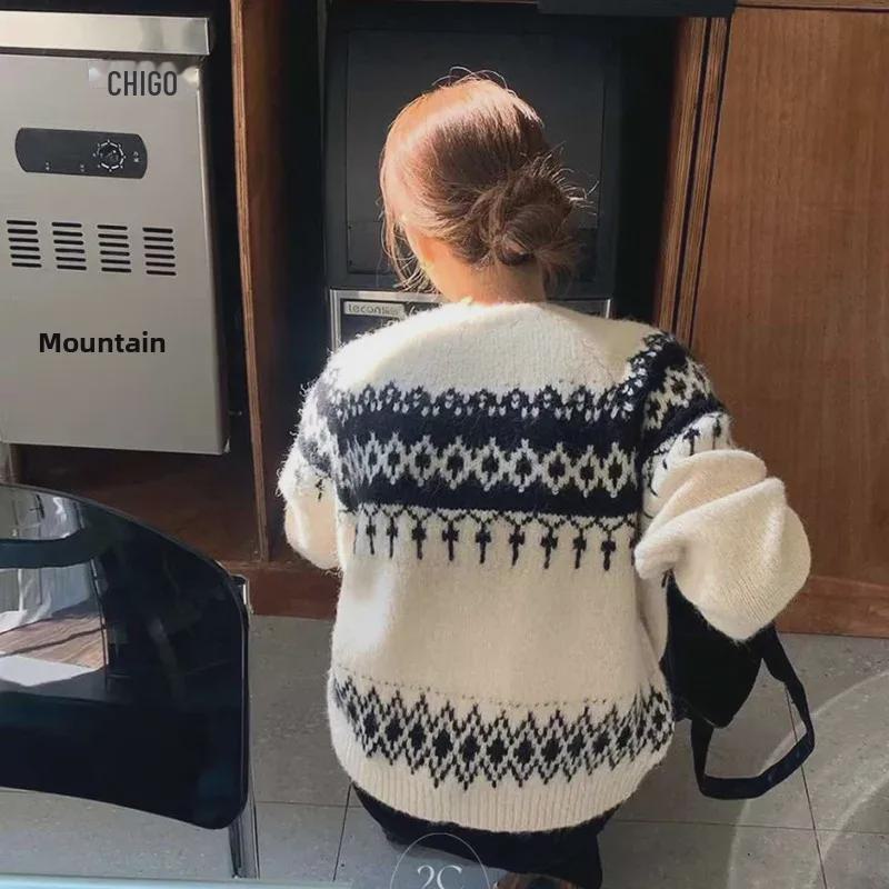 Francouzský Fair Isle kontrastní pulovr: Dámský svetr s dlouhým rukávem a žakárovým úpletem