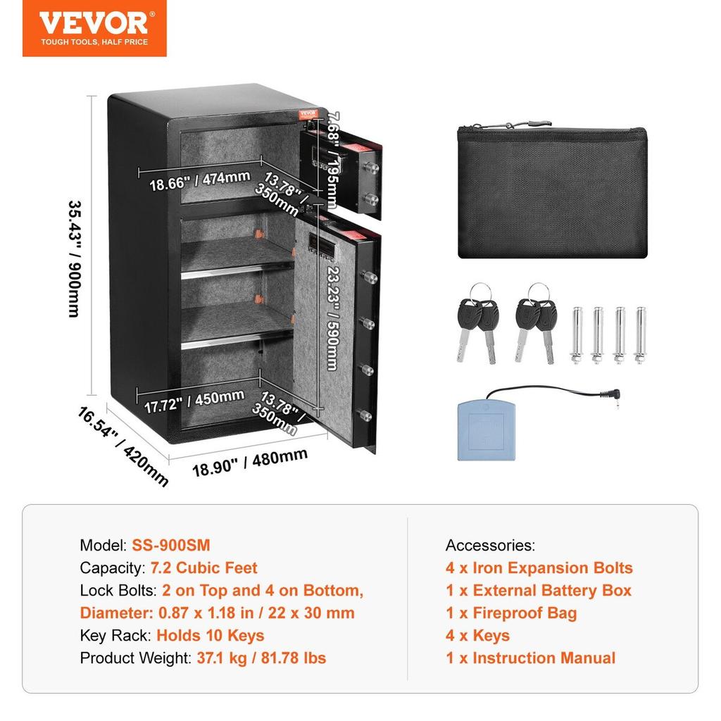 Double Door 7.2 cu.ft Safe Box with Key Lock Password Cabinet Black