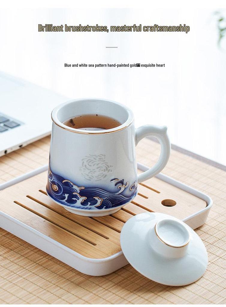 Handmade Blue and White Ceramic Office Mug with Filter - Large Capacity Tea Cup