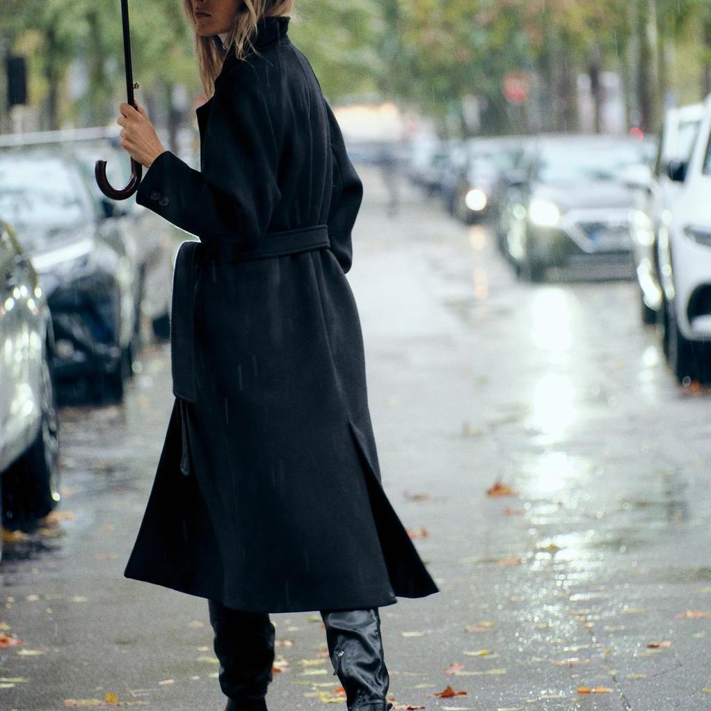 Zara Belted Minimalist Comfortable Versatile Long Coat Women Coats Black 09174141-35