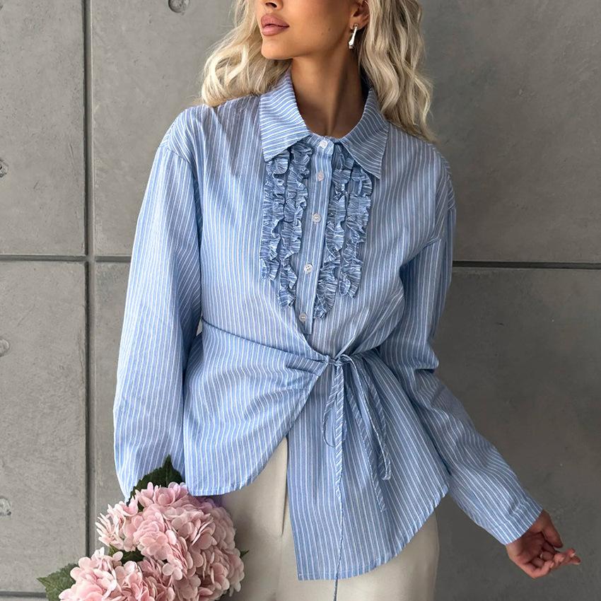 Autumn Fungus Edge Design Blue Striped Women's Shirt Waist Strap Irregular Light Luxury High-end Top
