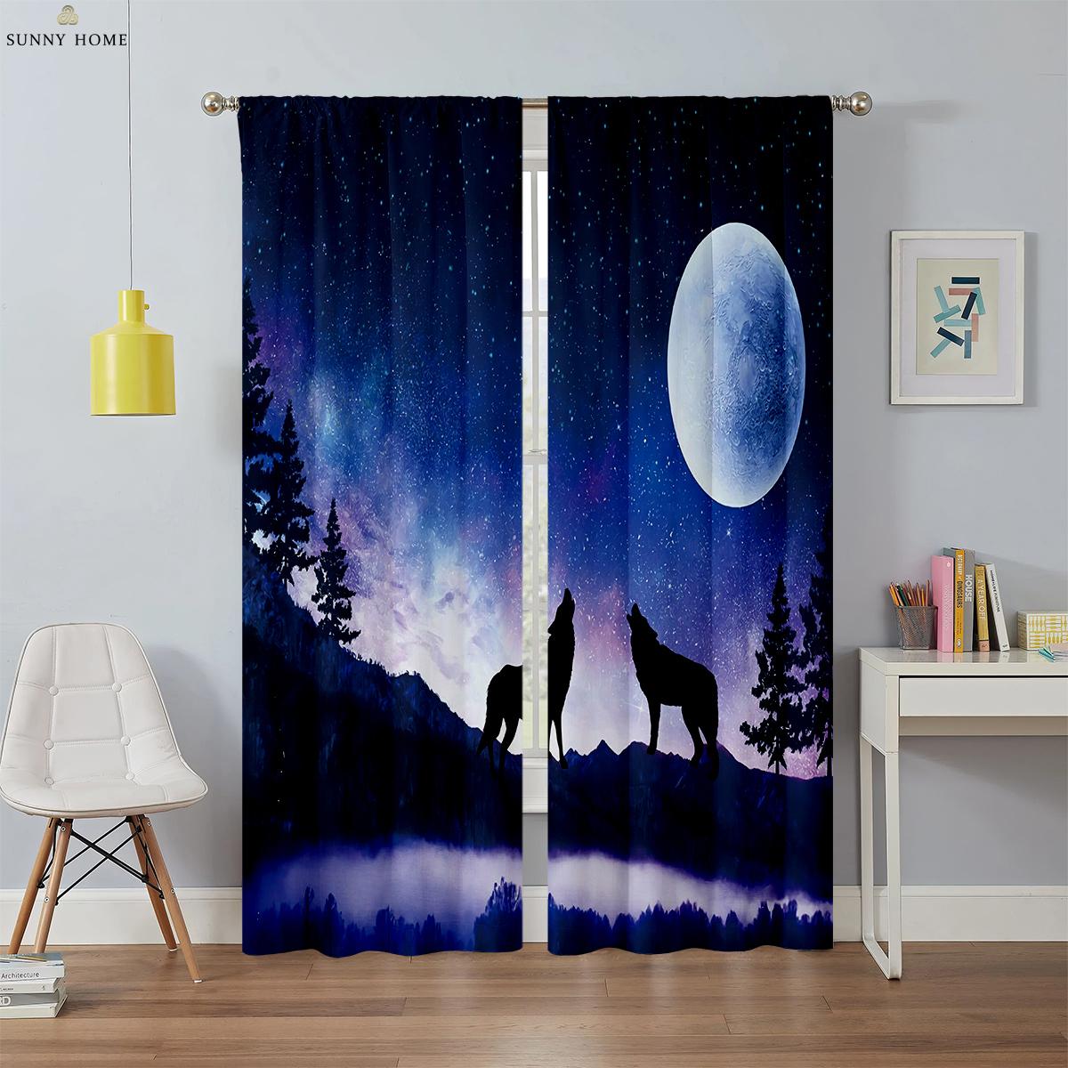 

Dreamy Starry Sky Wolf Print Printcurtains Children Room Living Space Outdoor Decorative Piececurtains Home Decorative Piece Rod Pocket W50xH140(CM)x2PCS&Rod pocket