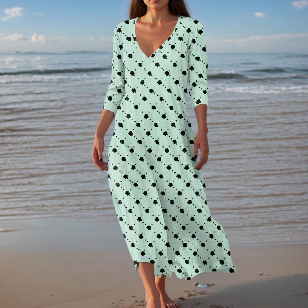 Women's Vintage Print Tunic Waisted Midi Dress Summer Casual 3/4 Sleeve Dress Dress