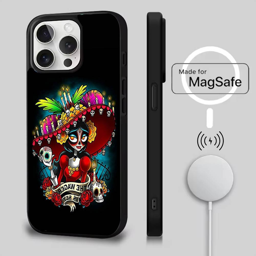 Mexican Catrina Skull Phone Case For iPhone 17,16,15,14,13,12,11,Pro,Max,Plus,Mini,Air,SE New Magsafe Magnetic Wireless Charging