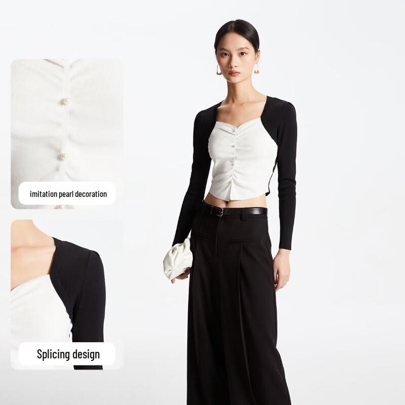 VEROMODA Women's Spliced Slim-Fit Pleated V-Neck Knit Top