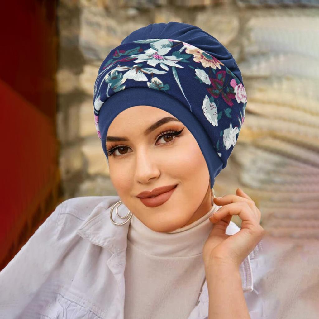 New Muslim Women Soft Strech Turban Hats Pre Tied Headscarf Print Flower Hijabs Bandana Chemo Beanies Caps Cover