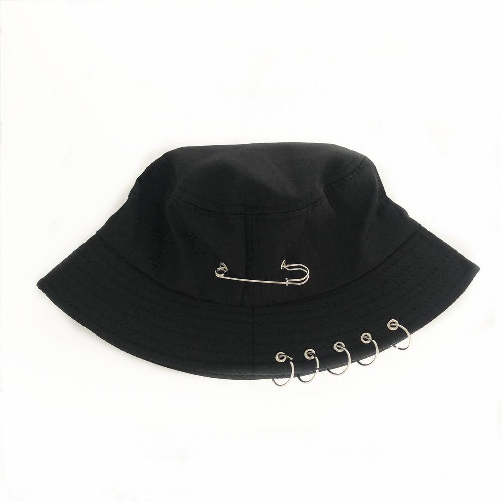 Unisex Cotton Bucket Hat Solid Color Fishermen Cap Iron Pin Rings Personality Factory Sells